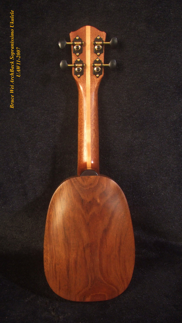 Handmade Pineapple Sopranissimo/ Pocket Ukulele, Carved Archback Solid Hawaiian Koa, Walnut MOP Inlay, Soft-bag, Bruce Wei UAW11-2007