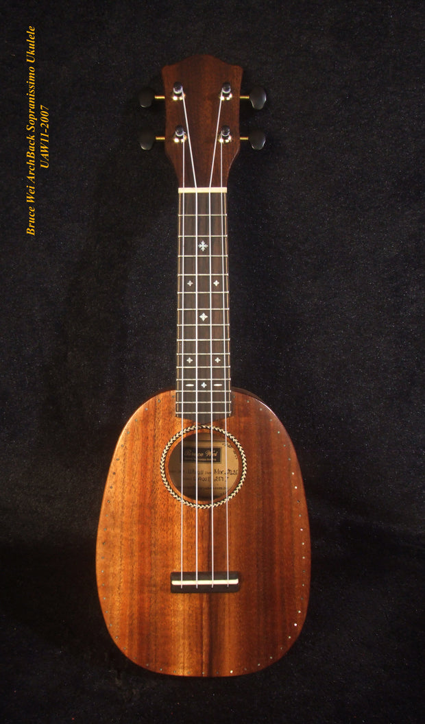 Handmade Pineapple Sopranissimo/ Pocket Ukulele, Carved Archback Solid Hawaiian Koa, Walnut MOP Inlay, Soft-bag, Bruce Wei UAW11-2007