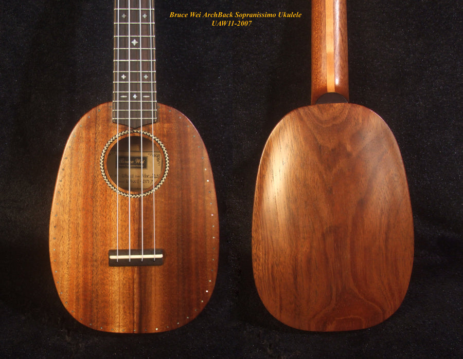 Handmade Pineapple Sopranissimo/ Pocket Ukulele, Carved Archback Solid Hawaiian Koa, Walnut MOP Inlay, Soft-bag, Bruce Wei UAW11-2007