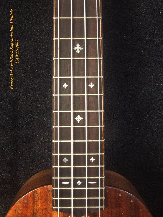 Handmade Pineapple Sopranissimo/ Pocket Ukulele, Carved Archback Solid Hawaiian Koa, Walnut MOP Inlay, Soft-bag, Bruce Wei UAW11-2007