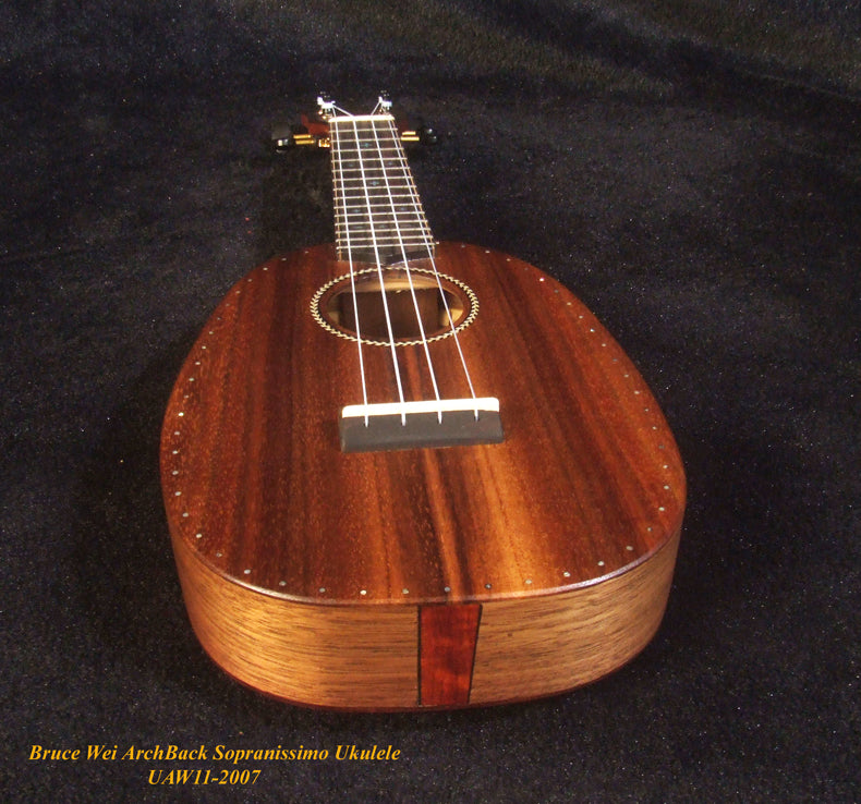 Handmade Pineapple Sopranissimo/ Pocket Ukulele, Carved Archback Solid Hawaiian Koa, Walnut MOP Inlay, Soft-bag, Bruce Wei UAW11-2007