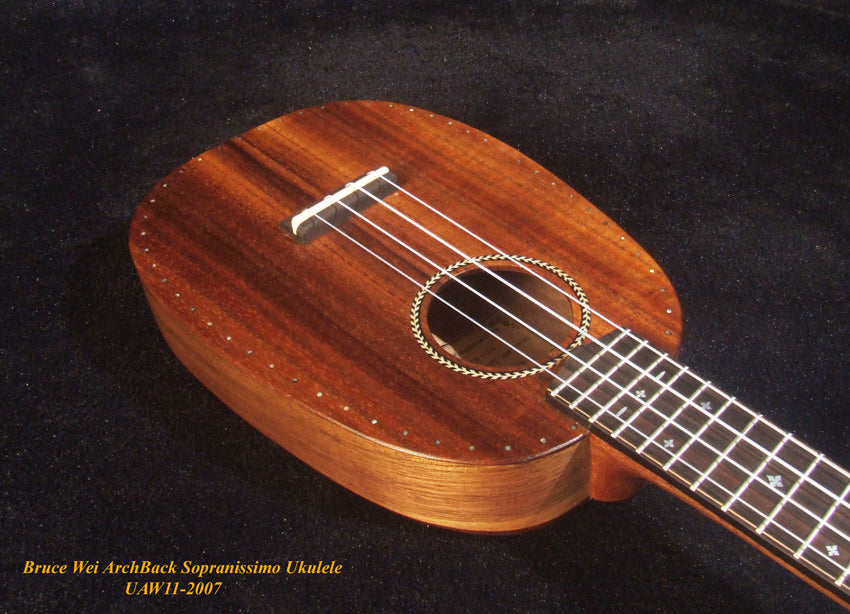 Handmade Pineapple Sopranissimo/ Pocket Ukulele, Carved Archback Solid Hawaiian Koa, Walnut MOP Inlay, Soft-bag, Bruce Wei UAW11-2007