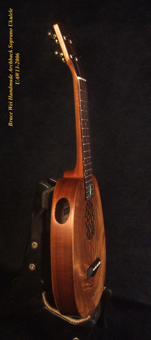 Handmade Soprano Ukulele, Solid Hawaiian Koa, Acacia Archback Pineapple, Soft-bag, Bruce Wei UAW13-2006