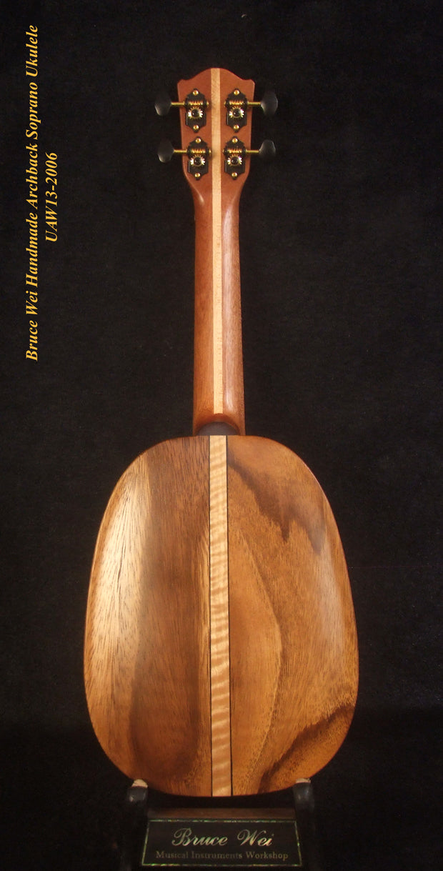 Handmade Soprano Ukulele, Solid Hawaiian Koa, Acacia Archback Pineapple, Soft-bag, Bruce Wei UAW13-2006