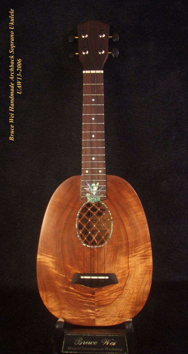 Handmade Soprano Ukulele, Solid Hawaiian Koa, Acacia Archback Pineapple, Soft-bag, Bruce Wei UAW13-2006