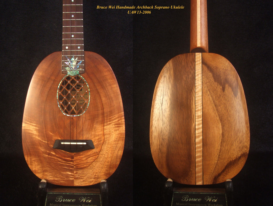 Handmade Soprano Ukulele, Solid Hawaiian Koa, Acacia Archback Pineapple, Soft-bag, Bruce Wei UAW13-2006