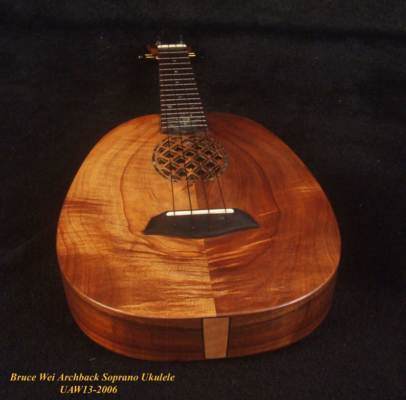 Handmade Soprano Ukulele, Solid Hawaiian Koa, Acacia Archback Pineapple, Soft-bag, Bruce Wei UAW13-2006