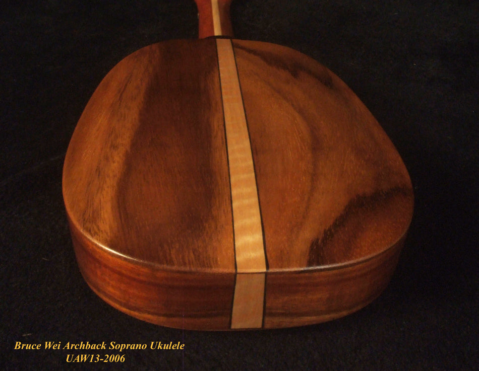 Handmade Soprano Ukulele, Solid Hawaiian Koa, Acacia Archback Pineapple, Soft-bag, Bruce Wei UAW13-2006