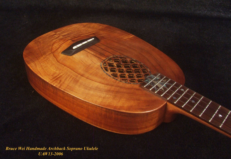 Handmade Soprano Ukulele, Solid Hawaiian Koa, Acacia Archback Pineapple, Soft-bag, Bruce Wei UAW13-2006
