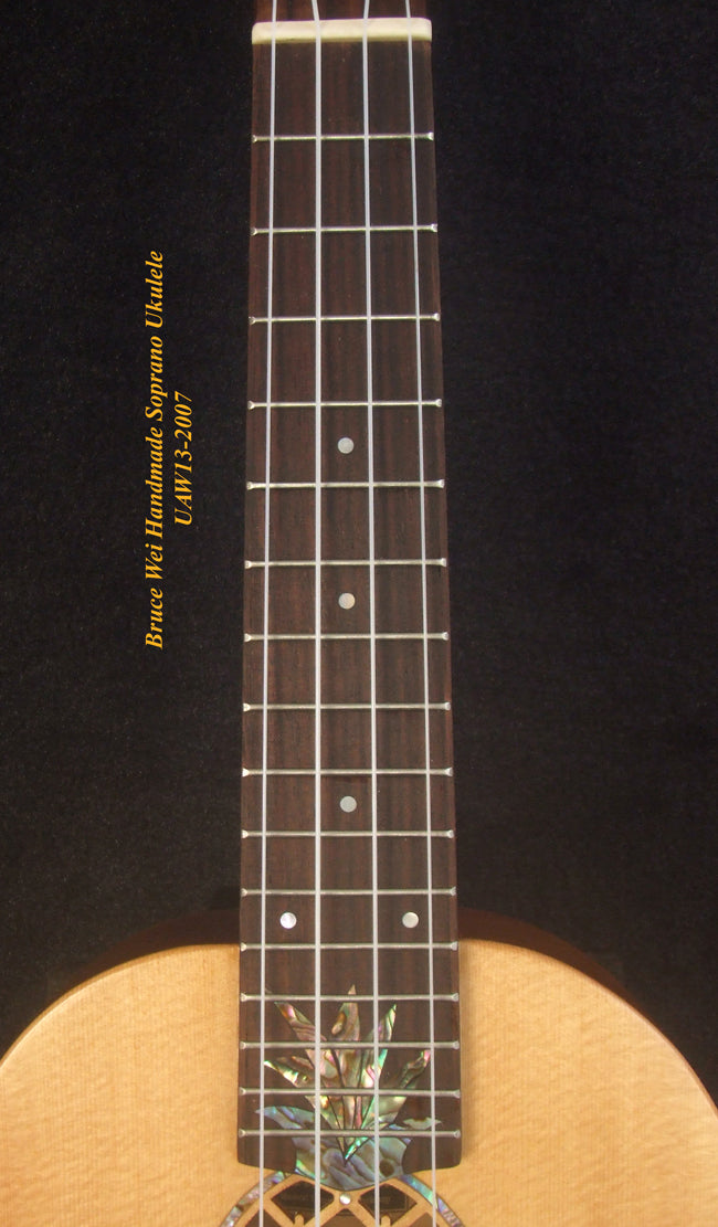 Handmade Soprano Ukulele, Solid Spruce, Mahogany Archback Pineapple, Soft-bag, Bruce Wei UAW13-2007