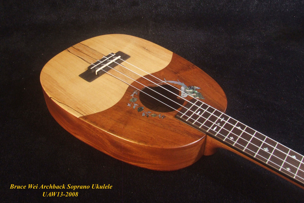 Handmade Soprano Ukulele, Hawaiian Koa, Redwood, Archback Pineapple, Bird Floral Inlay, Soft-bag, Bruce Wei UAW13-2008