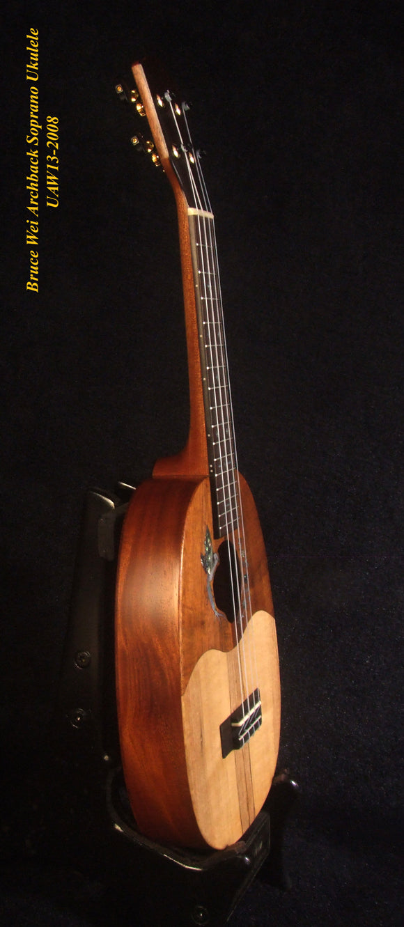 Handmade Soprano Ukulele, Hawaiian Koa, Redwood, Archback Pineapple, Bird Floral Inlay, Soft-bag, Bruce Wei UAW13-2008