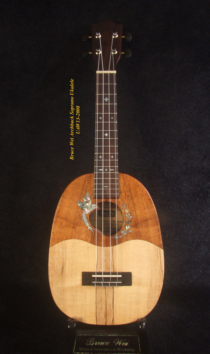 Handmade Soprano Ukulele, Hawaiian Koa, Redwood, Archback Pineapple, Bird Floral Inlay, Soft-bag, Bruce Wei UAW13-2008