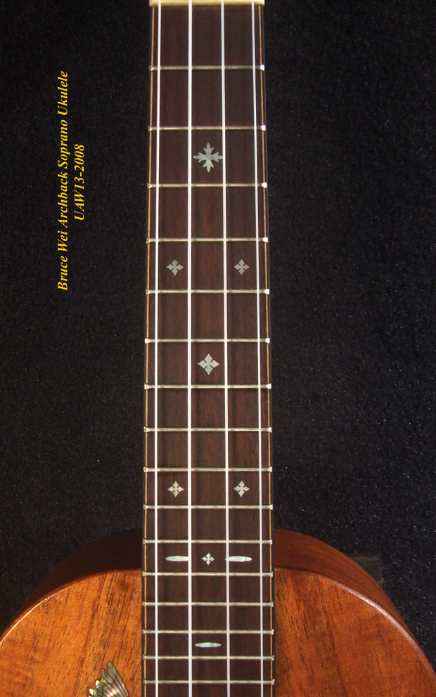 Handmade Soprano Ukulele, Hawaiian Koa, Redwood, Archback Pineapple, Bird Floral Inlay, Soft-bag, Bruce Wei UAW13-2008