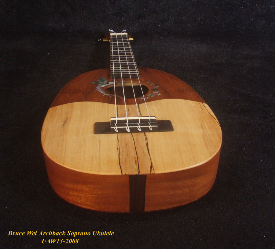 Handmade Soprano Ukulele, Hawaiian Koa, Redwood, Archback Pineapple, Bird Floral Inlay, Soft-bag, Bruce Wei UAW13-2008
