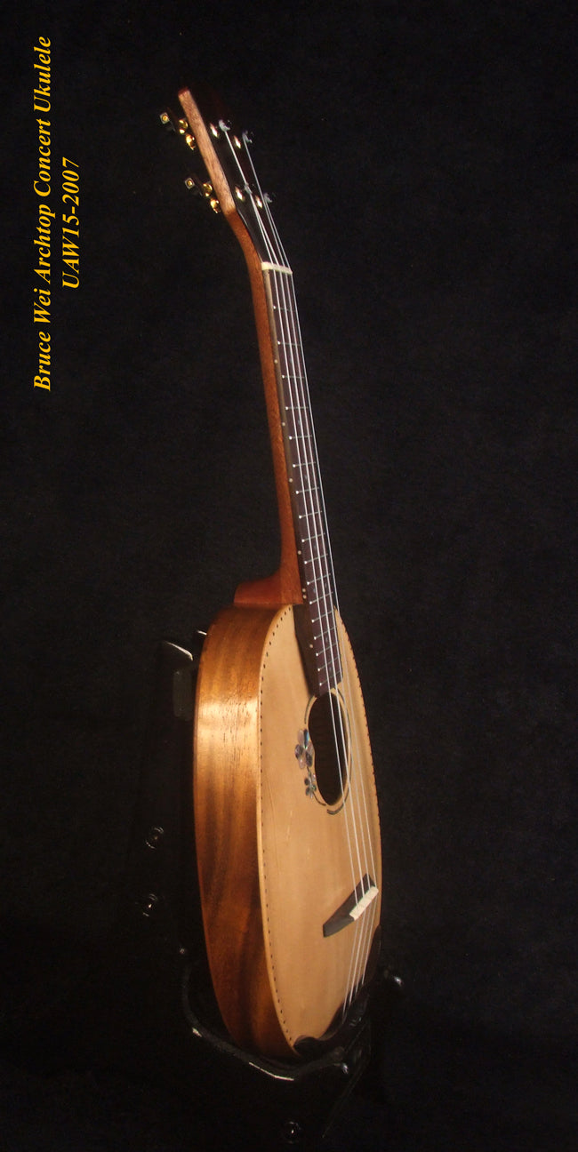 Handmade Pineapple Concert Ukulele, Solid Spruce, Acacia, Archtop, Archback, Soft-bag, Bruce Wei UAW15-2007