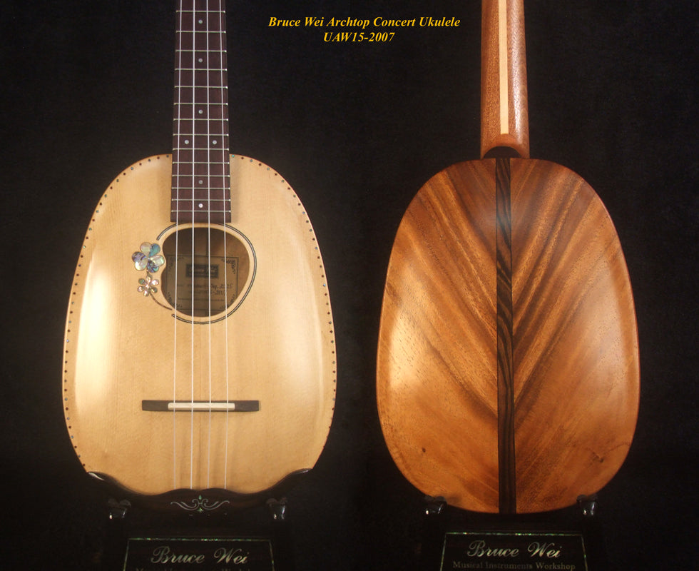 Handmade Pineapple Concert Ukulele, Solid Spruce, Acacia, Archtop, Archback, Soft-bag, Bruce Wei UAW15-2007