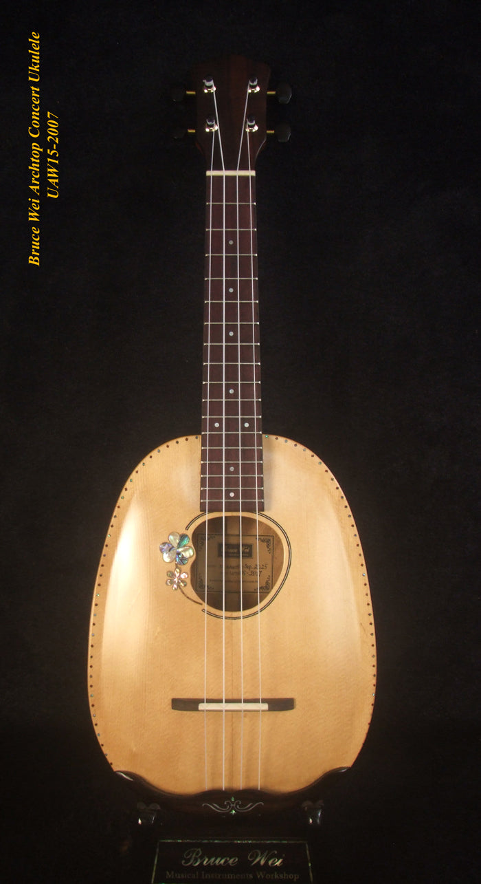 Handmade Pineapple Concert Ukulele, Solid Spruce, Acacia, Archtop, Archback, Soft-bag, Bruce Wei UAW15-2007