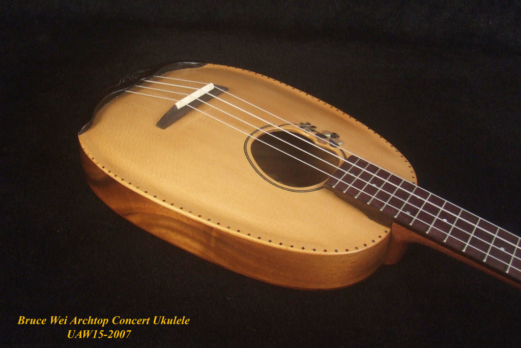 Handmade Pineapple Concert Ukulele, Solid Spruce, Acacia, Archtop, Archback, Soft-bag, Bruce Wei UAW15-2007