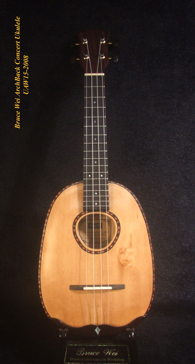 Handmade Pineapple Concert Ukulele, Solid Spruce, Mahogany, Archtop, Archback, Soft-bag, Bruce Wei UAW15-2008