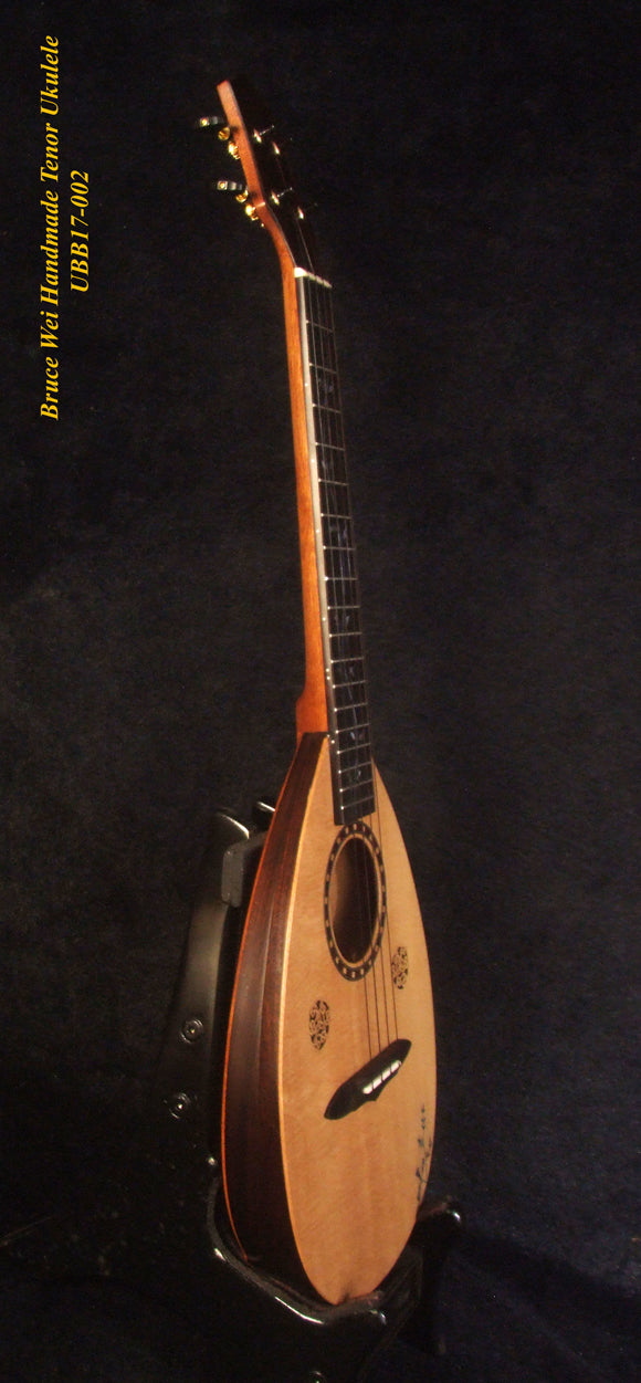Handmade Thin Body Bowl Back Style Tenor Ukulele, Spruce, Mahogany, HummingBird, Vine Inlay, Soft-bag, Bruce Wei UBB17-002
