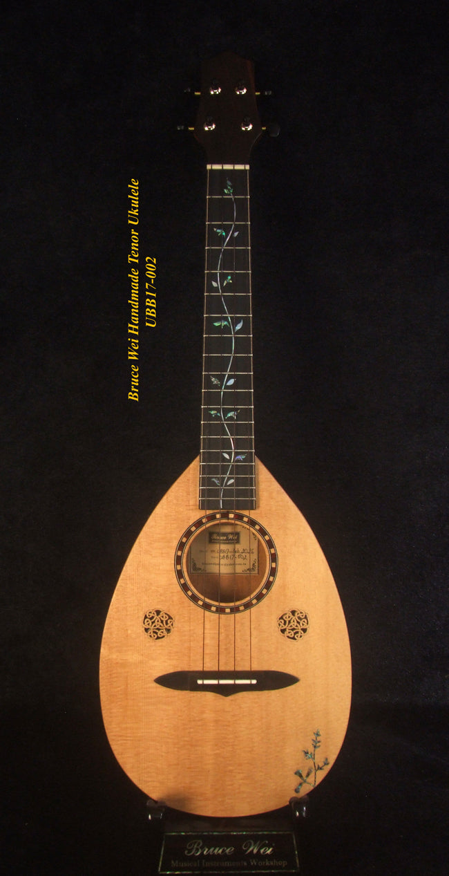 Handmade Thin Body Bowl Back Style Tenor Ukulele, Spruce, Mahogany, HummingBird, Vine Inlay, Soft-bag, Bruce Wei UBB17-002