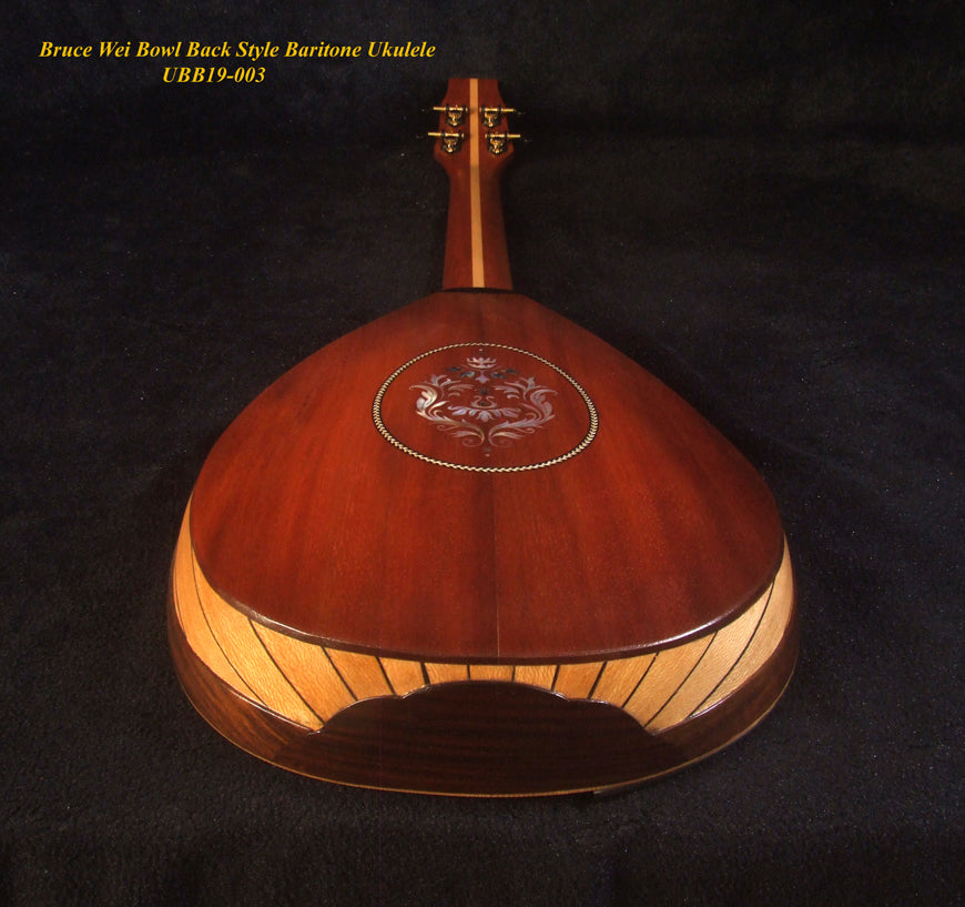 Handmade Baritone Ukulele, Curved Head, Solid Spruce, Mahogany, Archback, Classic Pattern Inlay, Soft-bag Bruce Wei UBB19-003