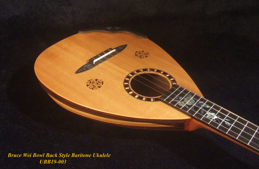 Handmade Baritone Ukulele, Curved Head, Solid Spruce, Mahogany, Archback, Classic Pattern Inlay, Soft-bag Bruce Wei UBB19-003
