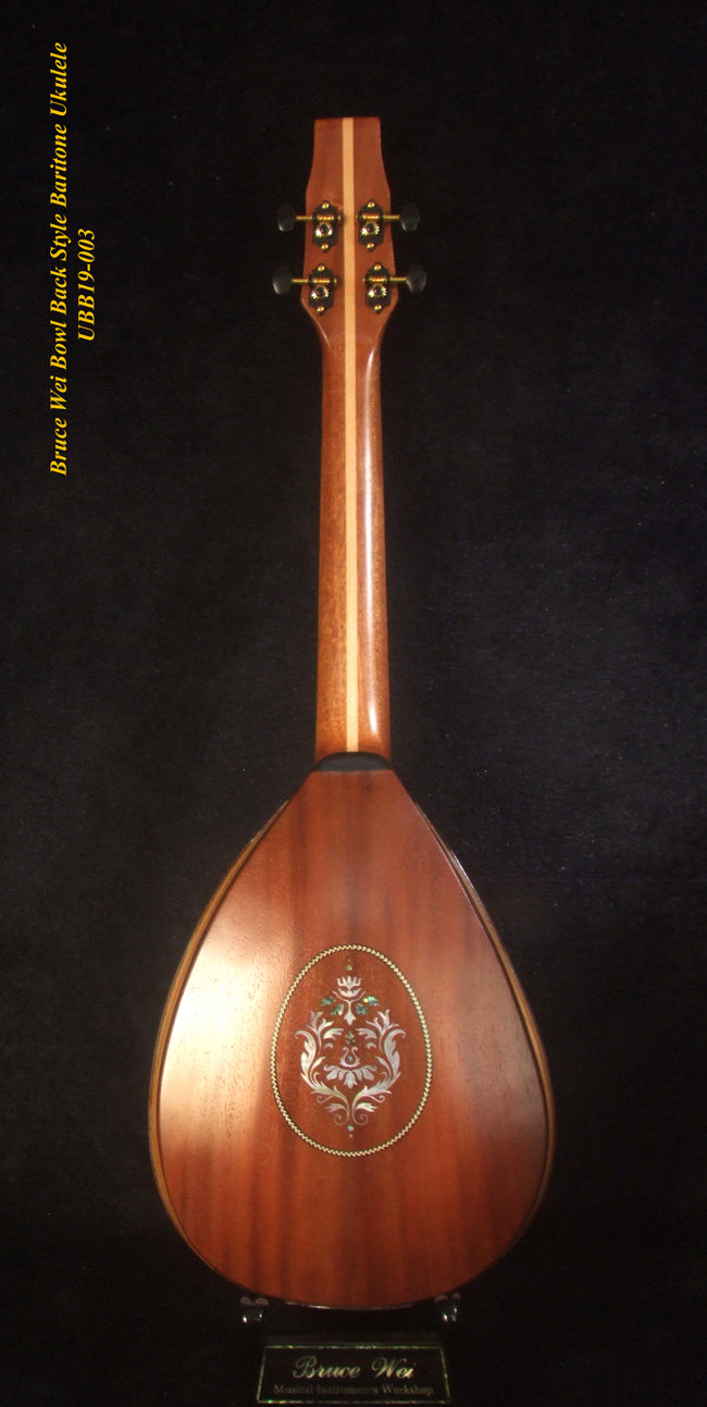 Handmade Baritone Ukulele, Curved Head, Solid Spruce, Mahogany, Archback, Classic Pattern Inlay, Soft-bag Bruce Wei UBB19-003