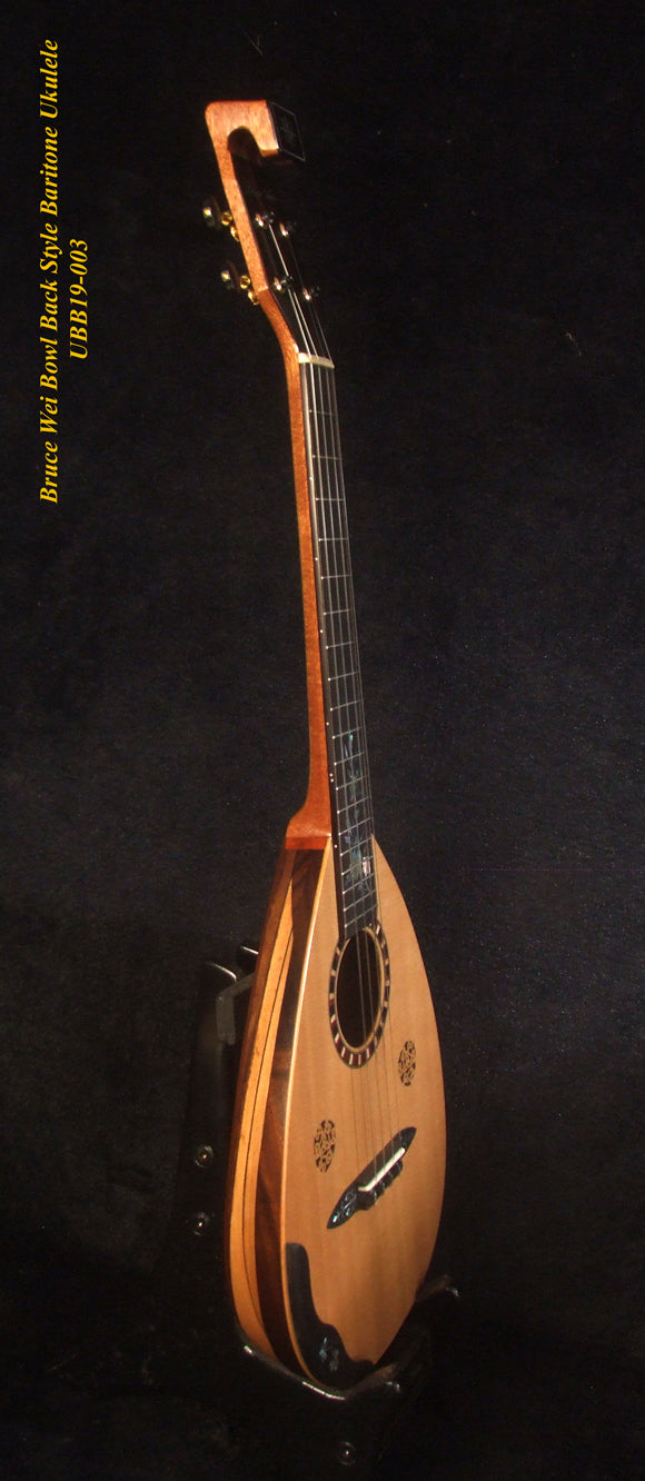Handmade Baritone Ukulele, Curved Head, Solid Spruce, Mahogany, Archback, Classic Pattern Inlay, Soft-bag Bruce Wei UBB19-003
