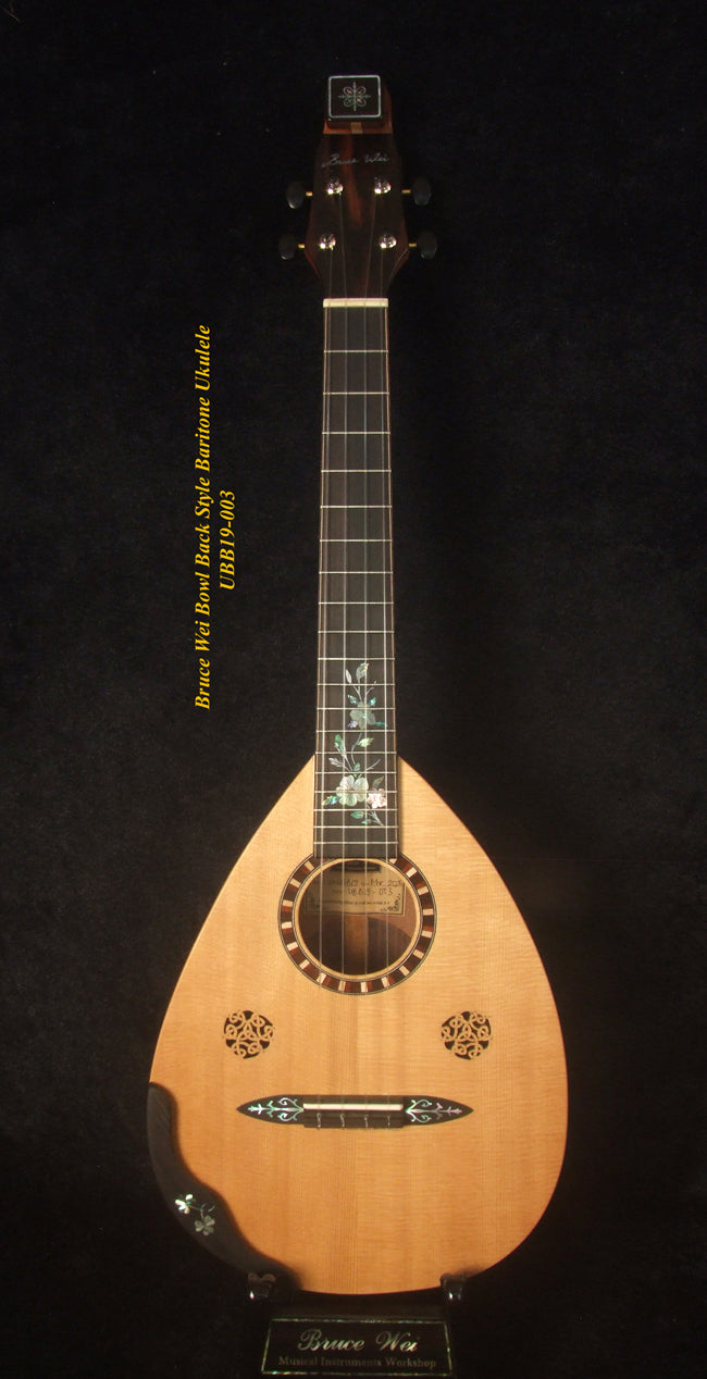 Handmade Baritone Ukulele, Curved Head, Solid Spruce, Mahogany, Archback, Classic Pattern Inlay, Soft-bag Bruce Wei UBB19-003