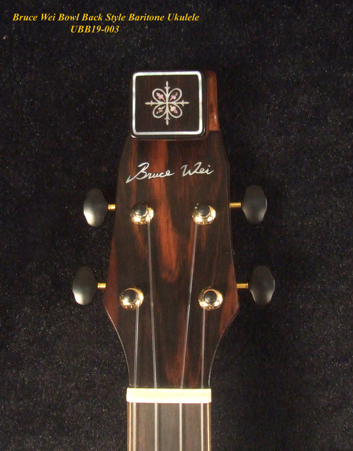 Handmade Baritone Ukulele, Curved Head, Solid Spruce, Mahogany, Archback, Classic Pattern Inlay, Soft-bag Bruce Wei UBB19-003