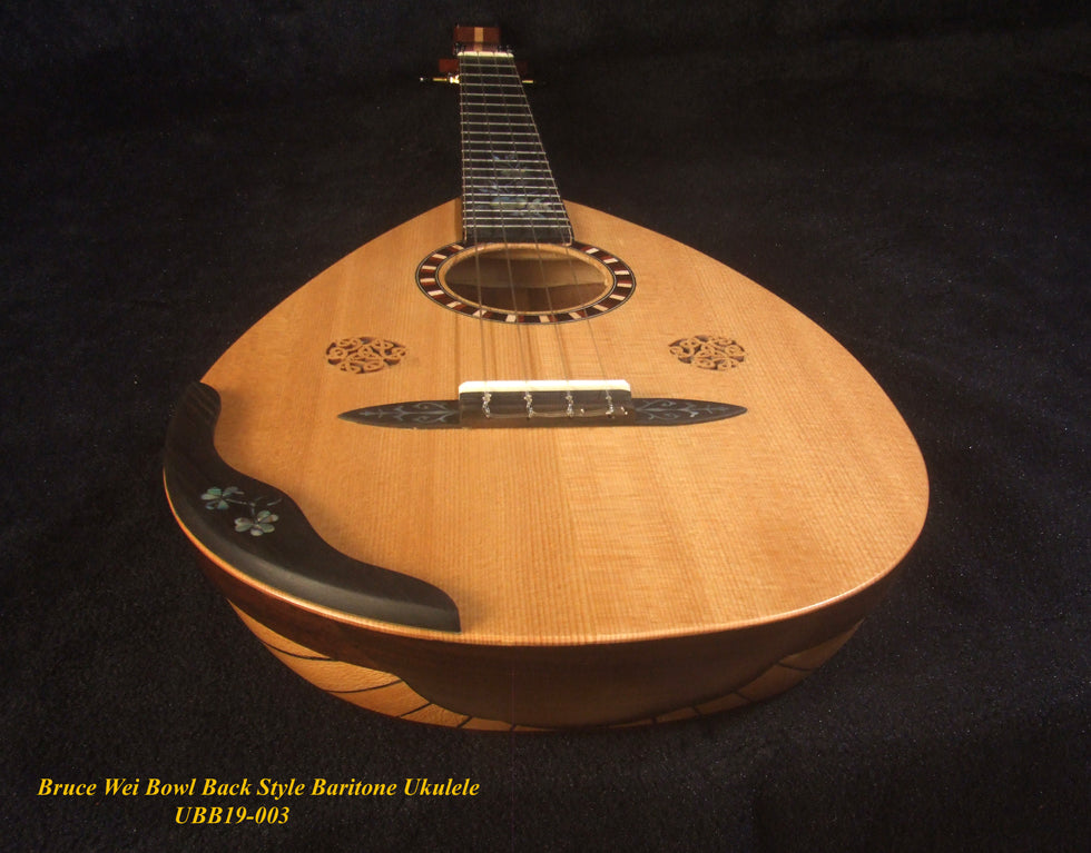 Handmade Baritone Ukulele, Curved Head, Solid Spruce, Mahogany, Archback, Classic Pattern Inlay, Soft-bag Bruce Wei UBB19-003