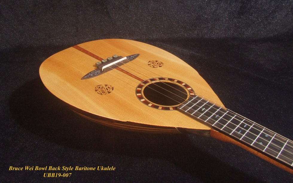 Handmade Bowl Back Style Baritone Ukulele, Curved Head, Solid Spruce, Classic Pattern MOP Inlay, Soft-bag Bruce Wei UBB19-007