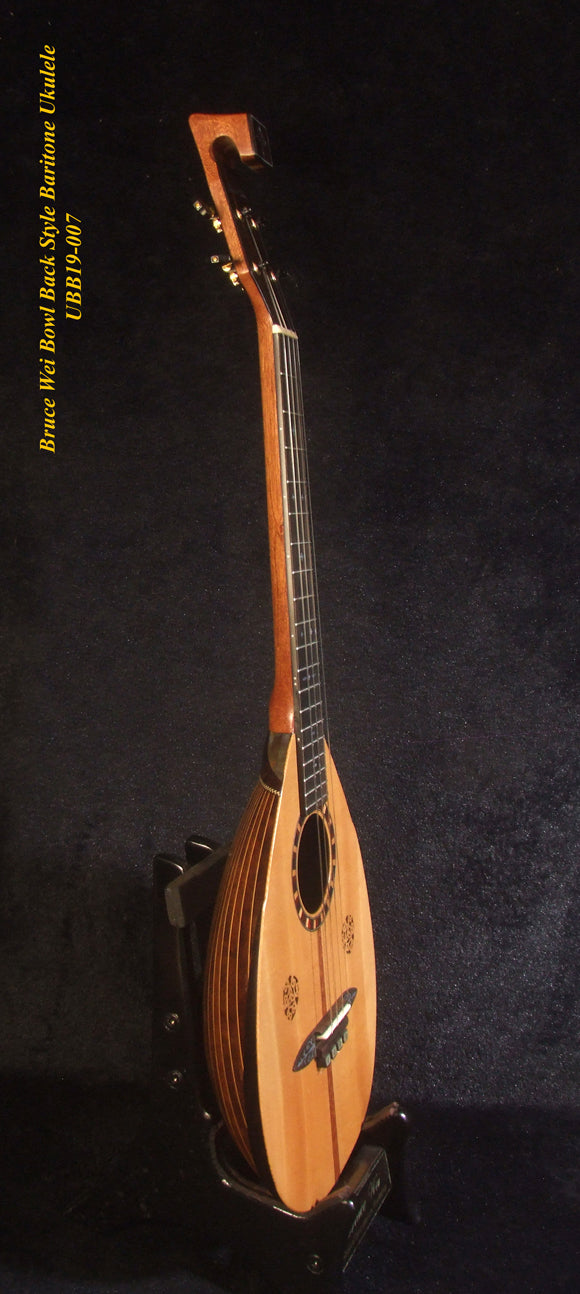 Handmade Bowl Back Style Baritone Ukulele, Curved Head, Solid Spruce, Classic Pattern MOP Inlay, Soft-bag Bruce Wei UBB19-007
