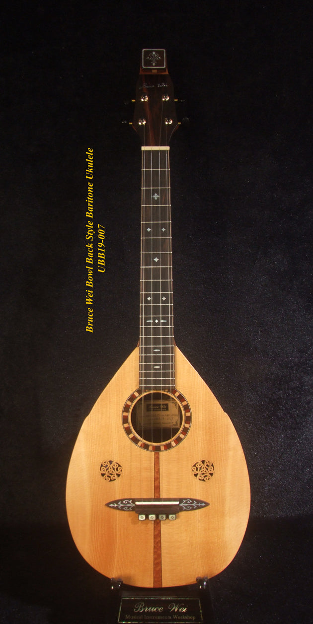 Handmade Bowl Back Style Baritone Ukulele, Curved Head, Solid Spruce, Classic Pattern MOP Inlay, Soft-bag Bruce Wei UBB19-007