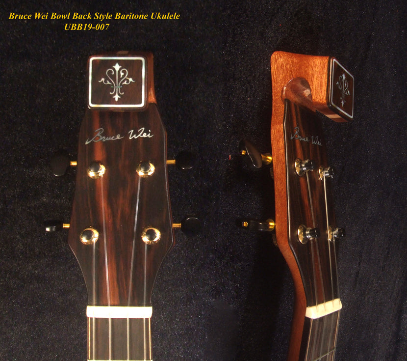 Handmade Bowl Back Style Baritone Ukulele, Curved Head, Solid Spruce, Classic Pattern MOP Inlay, Soft-bag Bruce Wei UBB19-007