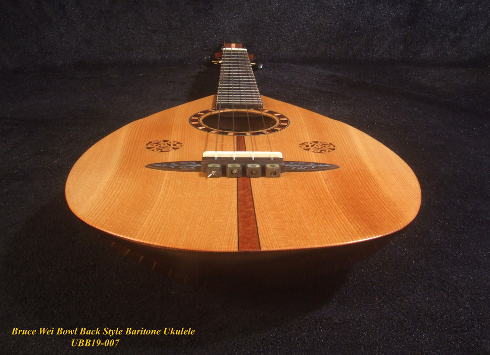 Handmade Bowl Back Style Baritone Ukulele, Curved Head, Solid Spruce, Classic Pattern MOP Inlay, Soft-bag Bruce Wei UBB19-007