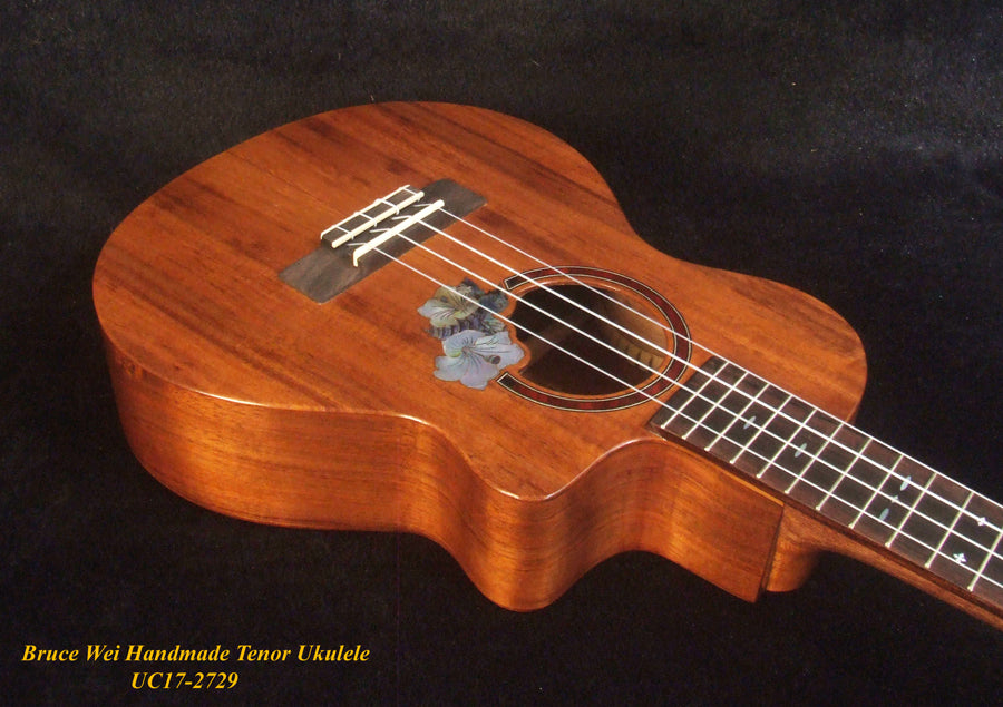Handmade Solid Hawaiian Koa Tenor Ukulele, Cutaway, Hibiscus Soundhole, Soft-bag, Bruce Wei UC17-2729