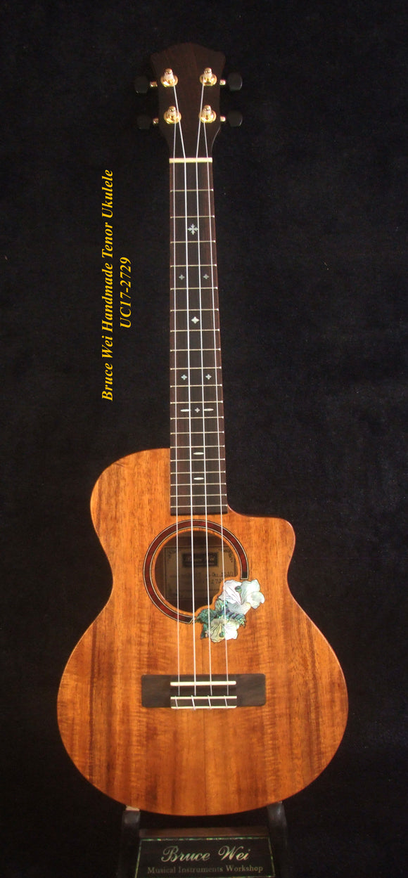 Handmade Solid Hawaiian Koa Tenor Ukulele, Cutaway, Hibiscus Soundhole, Soft-bag, Bruce Wei UC17-2729