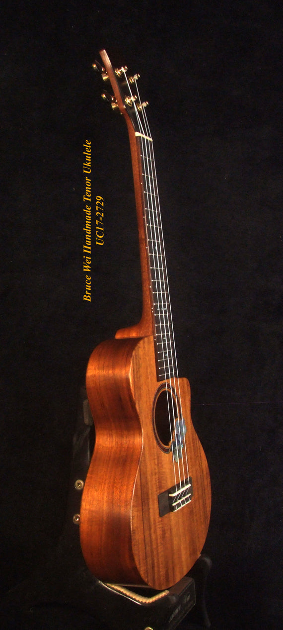 Handmade Solid Hawaiian Koa Tenor Ukulele, Cutaway, Hibiscus Soundhole, Soft-bag, Bruce Wei UC17-2729