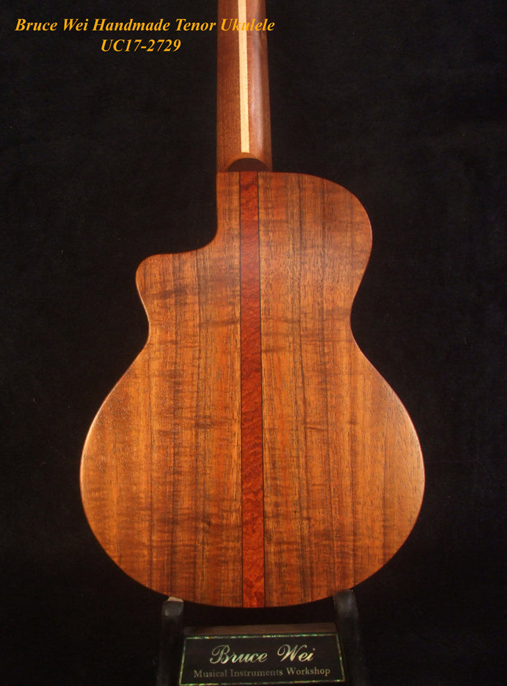 Handmade Solid Hawaiian Koa Tenor Ukulele, Cutaway, Hibiscus Soundhole, Soft-bag, Bruce Wei UC17-2729