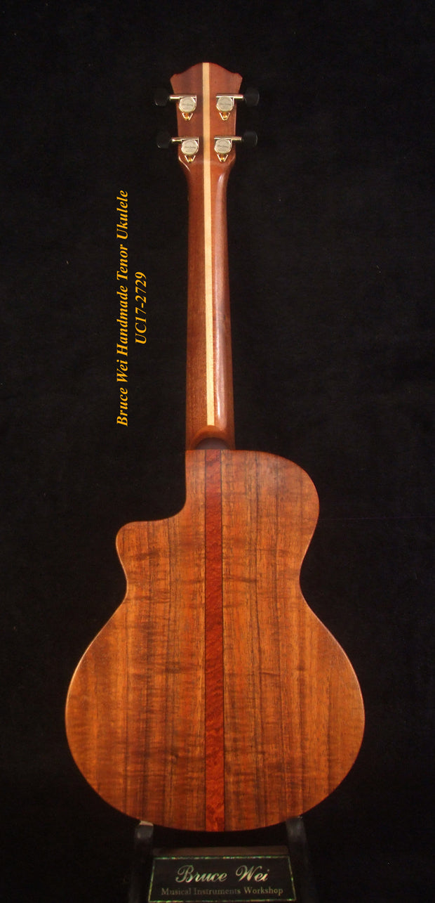 Handmade Solid Hawaiian Koa Tenor Ukulele, Cutaway, Hibiscus Soundhole, Soft-bag, Bruce Wei UC17-2729