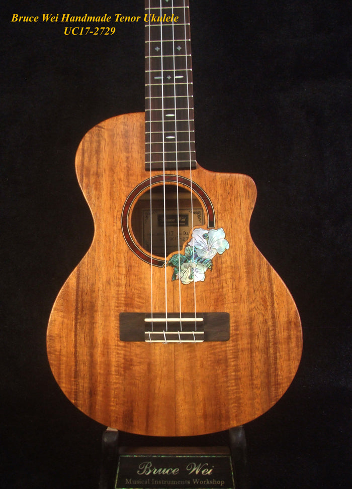 Handmade Solid Hawaiian Koa Tenor Ukulele, Cutaway, Hibiscus Soundhole, Soft-bag, Bruce Wei UC17-2729