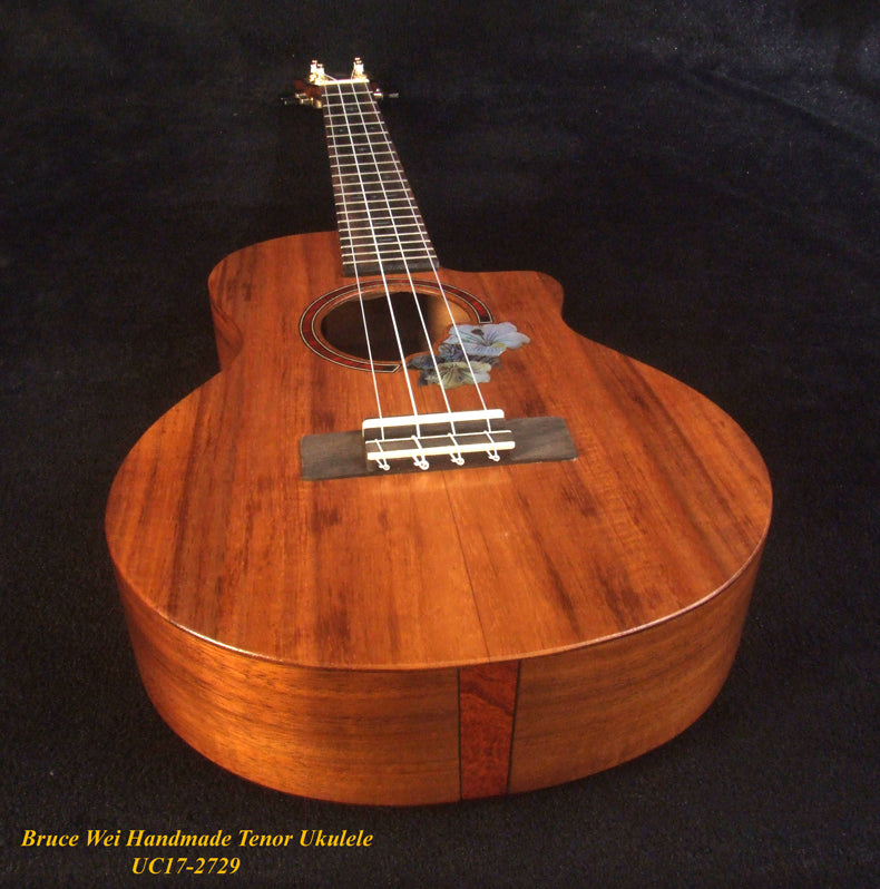Handmade Solid Hawaiian Koa Tenor Ukulele, Cutaway, Hibiscus Soundhole, Soft-bag, Bruce Wei UC17-2729