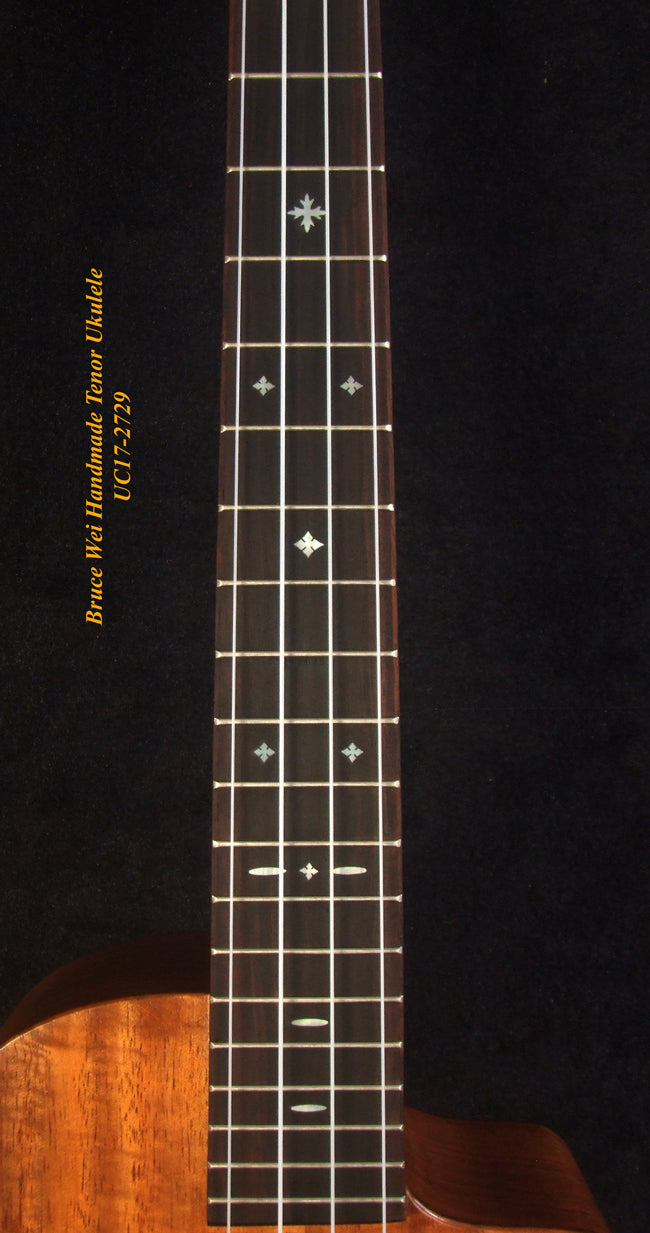 Handmade Solid Hawaiian Koa Tenor Ukulele, Cutaway, Hibiscus Soundhole, Soft-bag, Bruce Wei UC17-2729