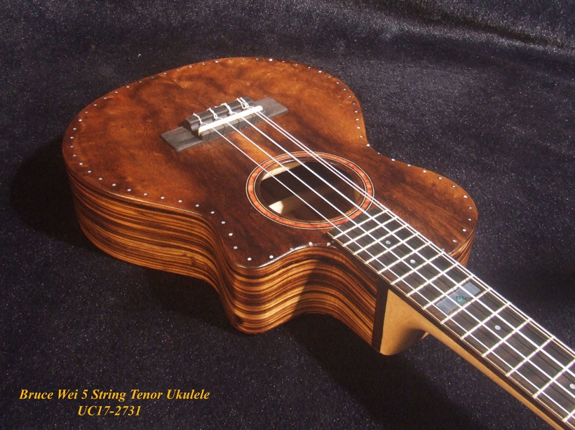 5 String Tenor Ukulele, Handmade Solid Acacia, Zebra wood, Cutaway, Soft-bag, Bruce Wei UC17-2731