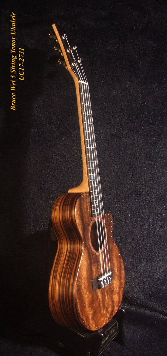 5 String Tenor Ukulele, Handmade Solid Acacia, Zebra wood, Cutaway, Soft-bag, Bruce Wei UC17-2731