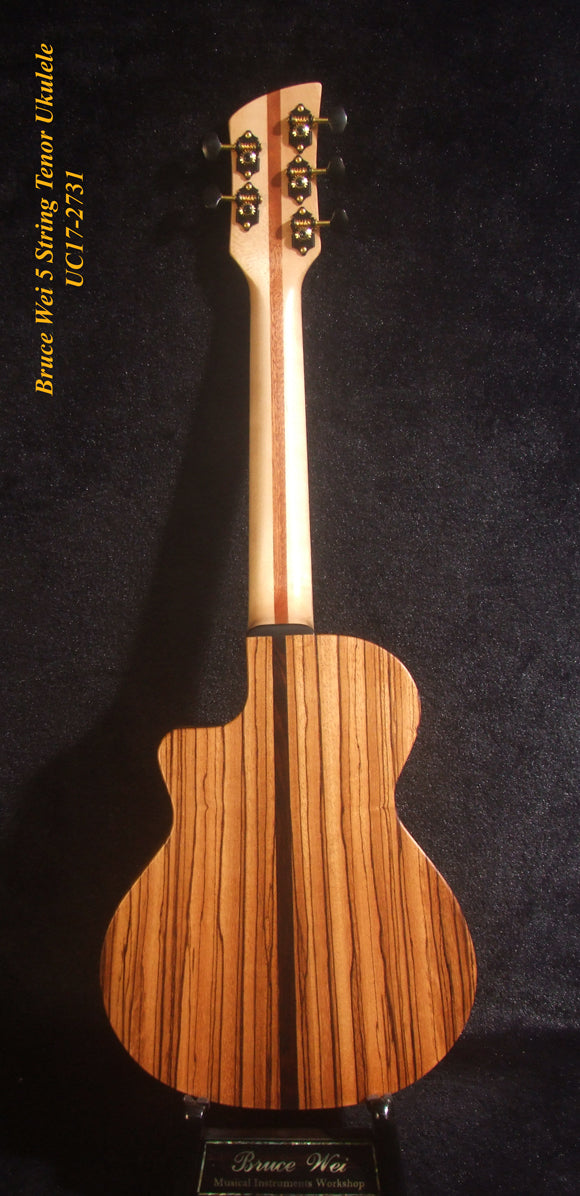5 String Tenor Ukulele, Handmade Solid Acacia, Zebra wood, Cutaway, Soft-bag, Bruce Wei UC17-2731