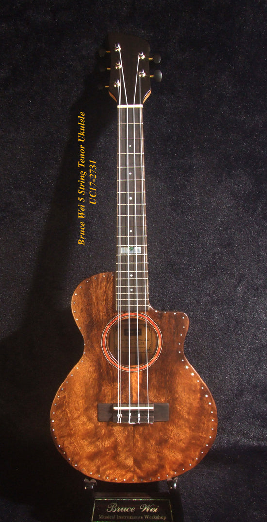 5 String Tenor Ukulele, Handmade Solid Acacia, Zebra wood, Cutaway, Soft-bag, Bruce Wei UC17-2731